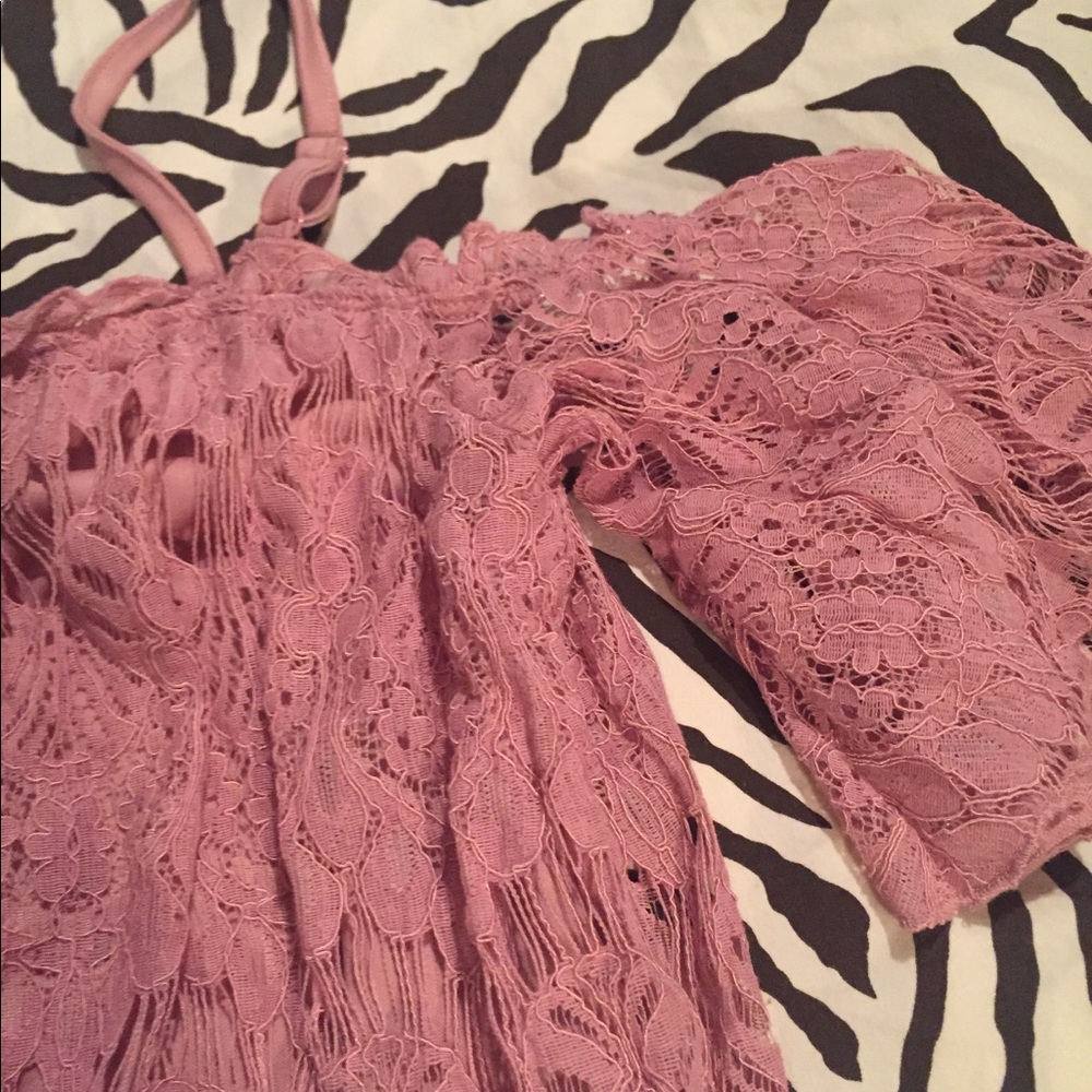 Blush/mauve lace off-shoulder short dress